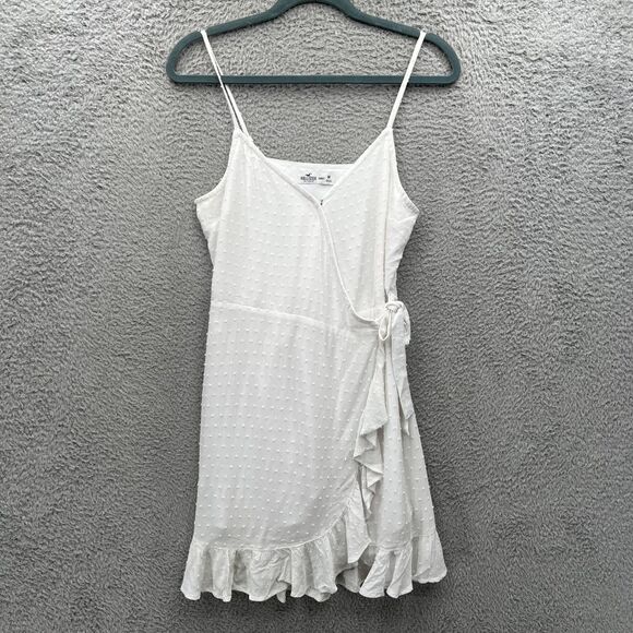 Hollister‎ White Swiss Dot Wrap Mini Dress Ruffle Hem Spaghetti Strap M Cottage - Picture 1 of 7
